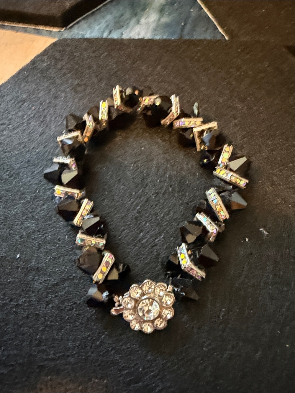 Swarovski Black Crystal Bracelet with Floral Rhinestone Clasp